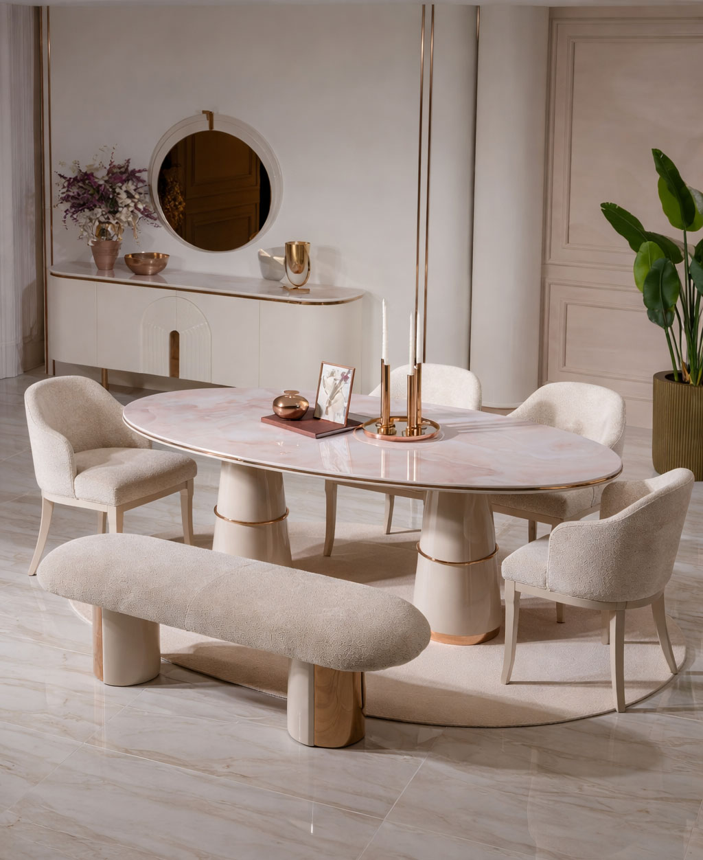 Beiges Esszimmer-Set Esstisch Stühle bank Sideboard Spiegel Esszimmermöbel
