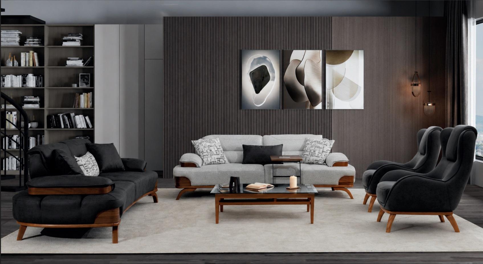 Polstergarnitur 3-Sitzer sofa Sessel Leder Schwarz Grau Kissen Modern