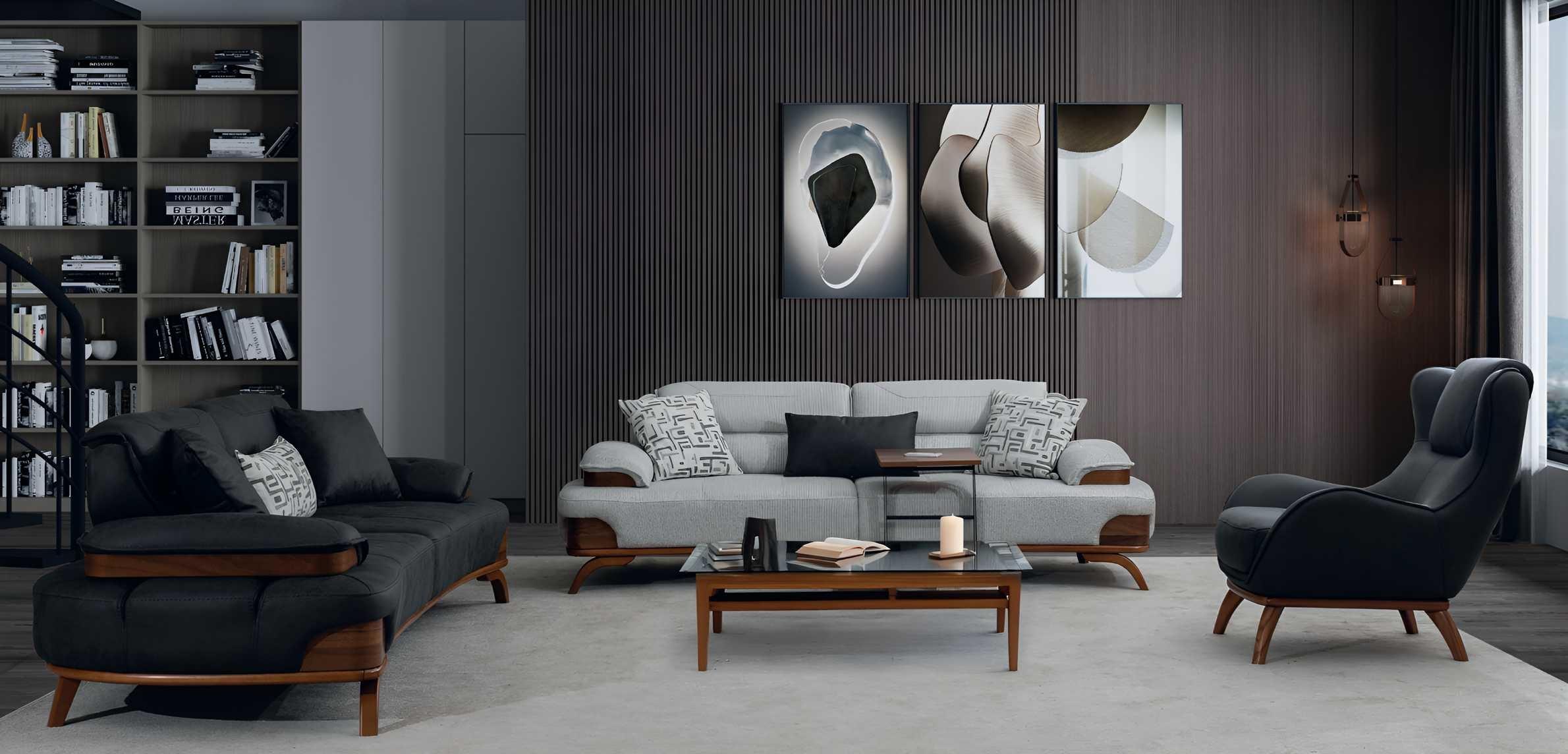Polstergarnitur 3-Sitzer sofa Sessel Leder Schwarz Grau Kissen Modern