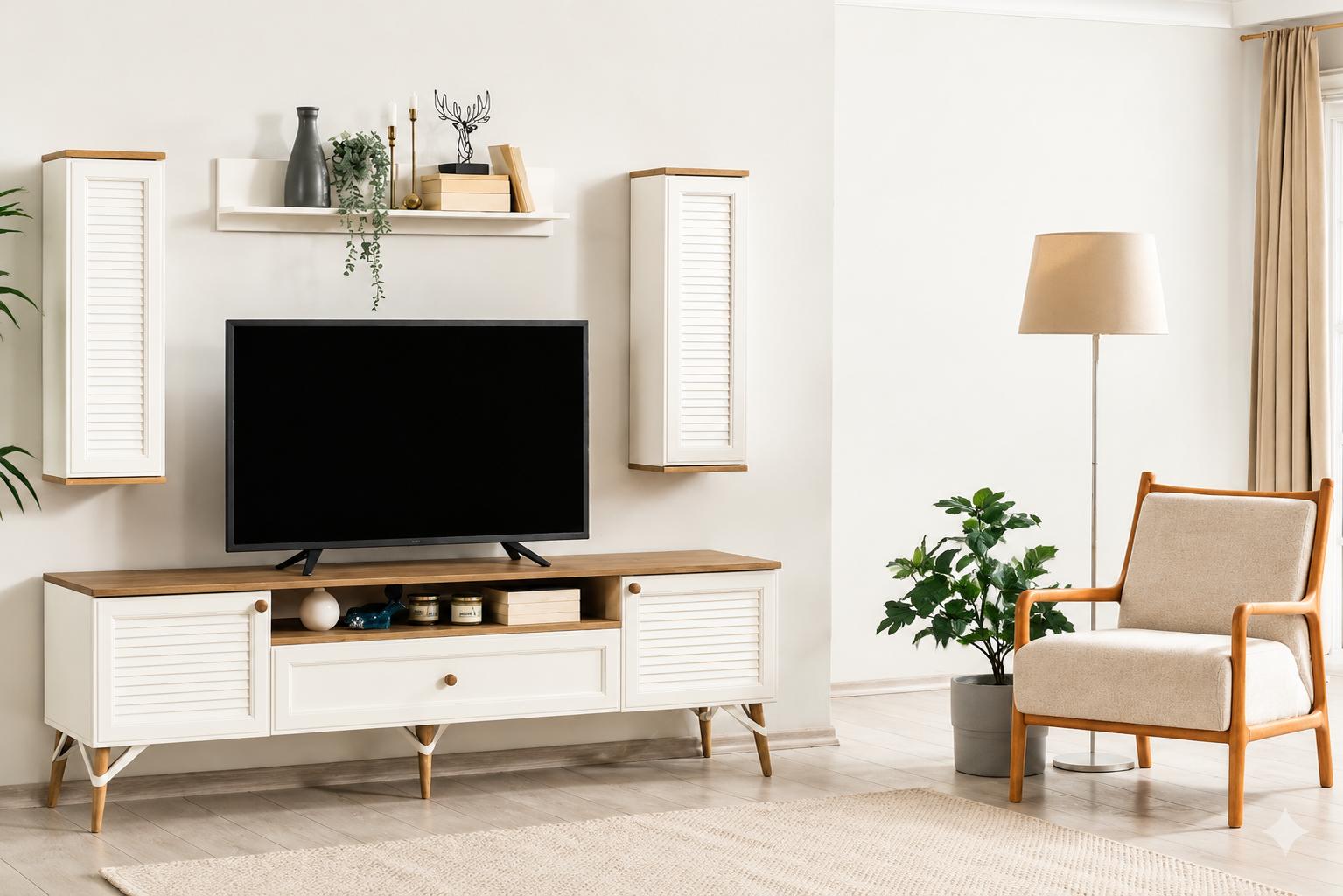 Modernes Set aus TV-Lowboard und 2 Wandregalen im skandinavischen Stil