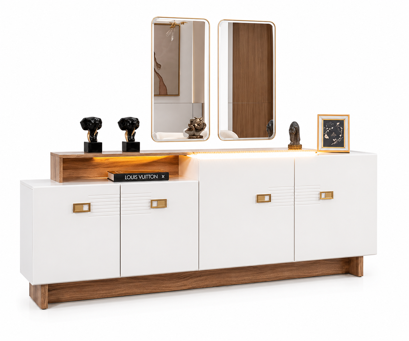 Elegantes Braun-Weißes Sideboard Edler Spiegel LED Beleuchtung