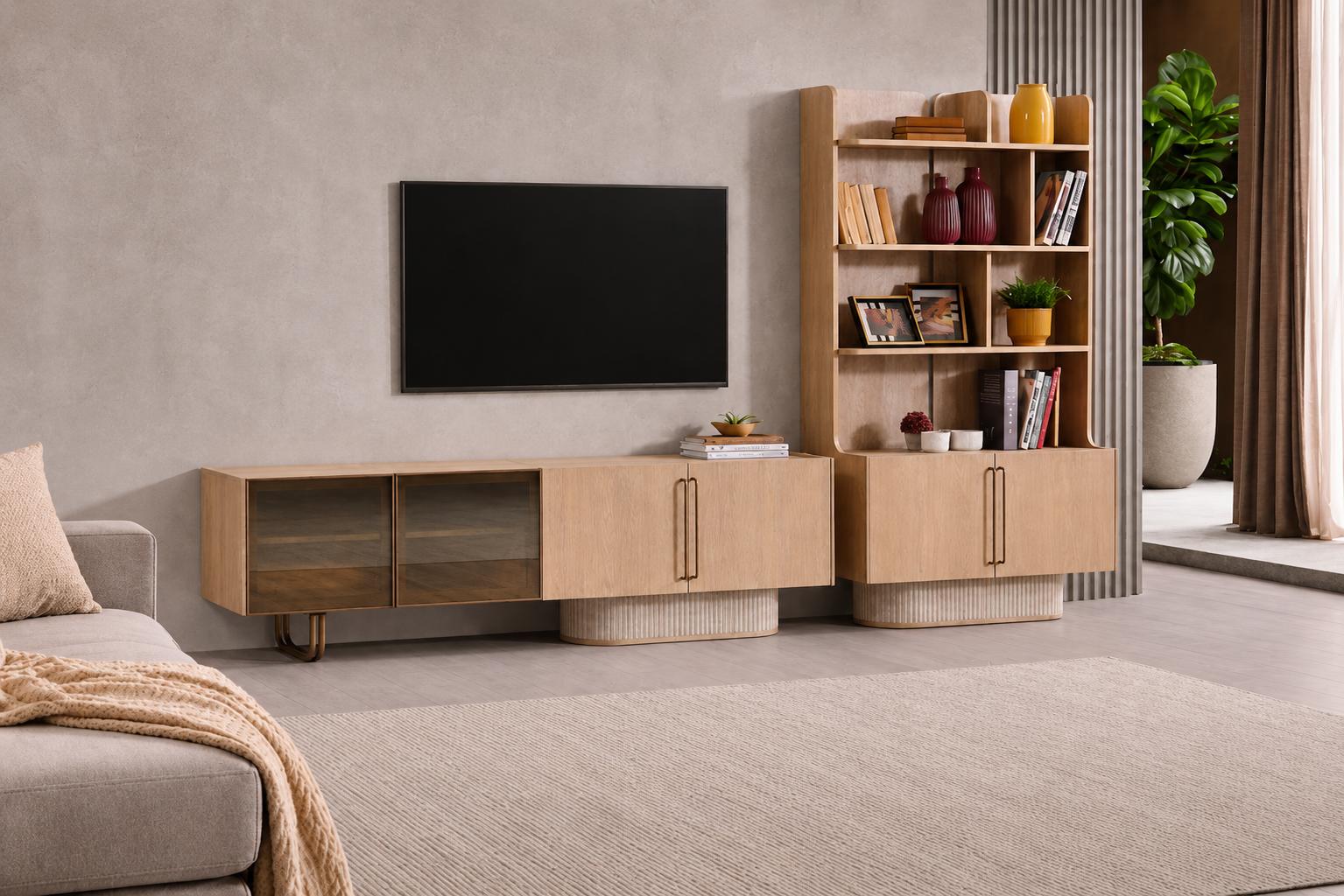 Modernes Wohnzimmer Set mit TV-Lowboard und stilvollem Buchregal