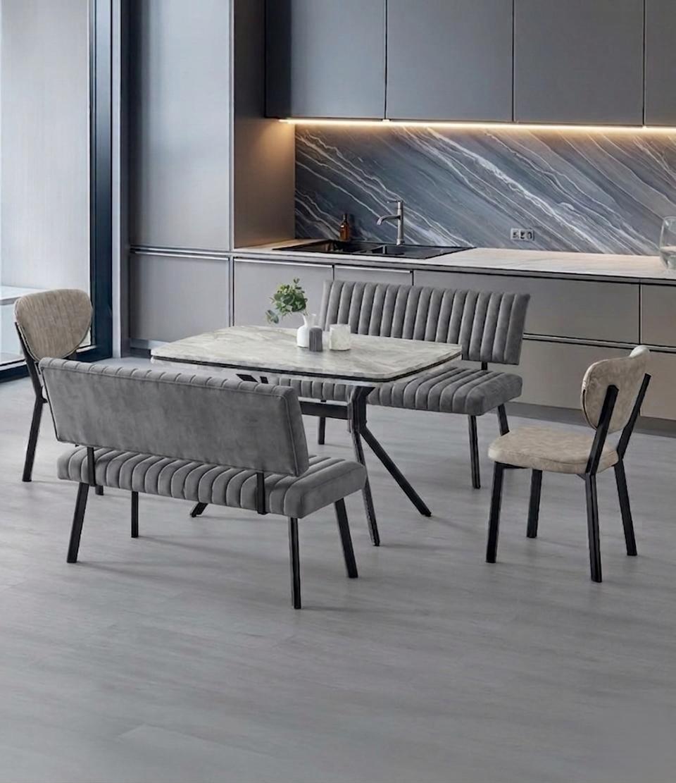 Esszimmer-Set Esstisch 2x Stuhl 2x Bank Marmor Grau Komfortabel