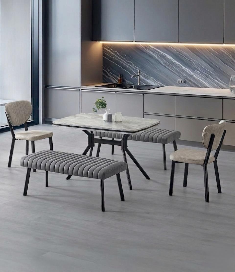 Esszimmer-Set Esstisch 2x Stuhl 2x Sitzbank Marmor Grau Bequem