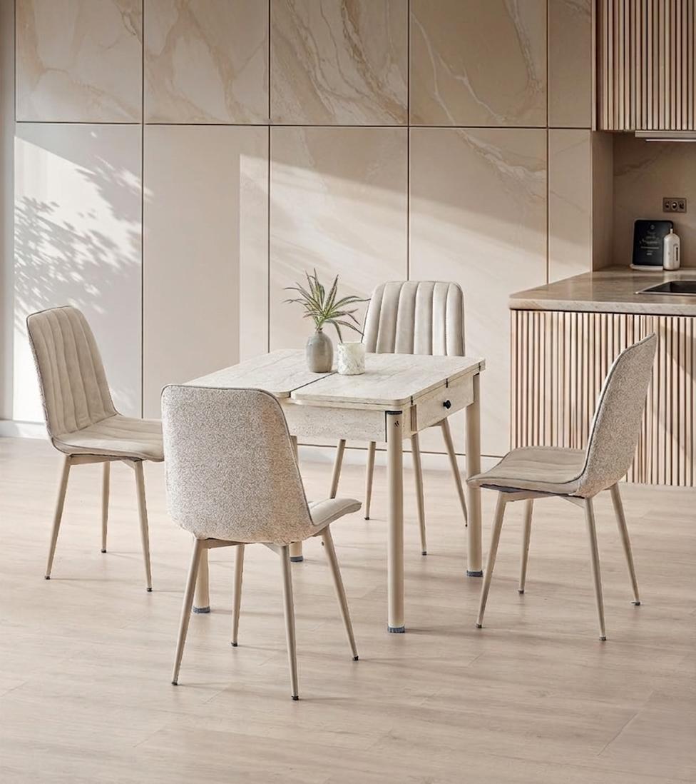 Esszimmer-Set Esstisch 4x Stuhl  Beige Faltbar Holz Modern Klassisch