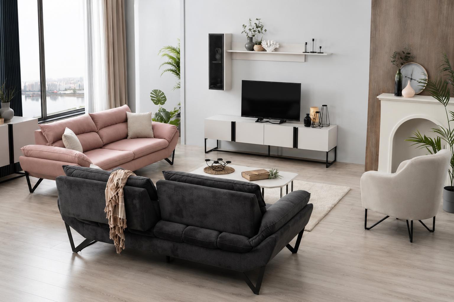 Modernes Wohnmöbel-Set: TV-Lowboard und Wandregal in Hellgrau