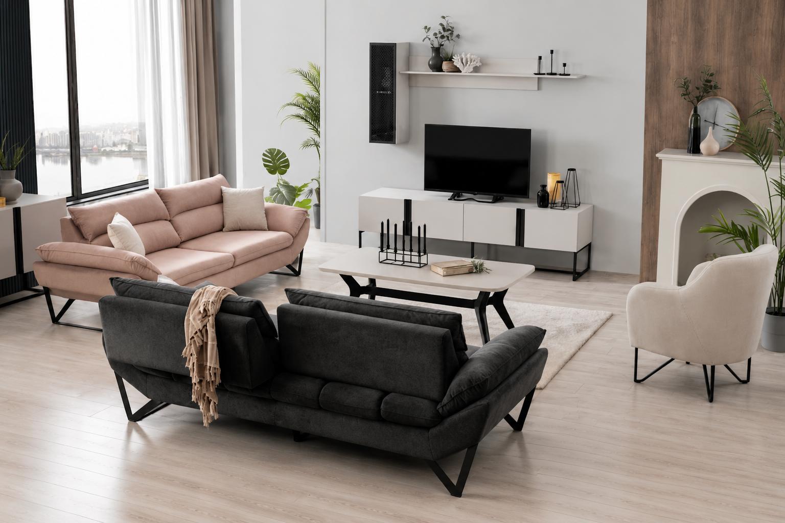 Modernes Wohnmöbel-Set: TV-Lowboard und Couchtisch in Hellgrau