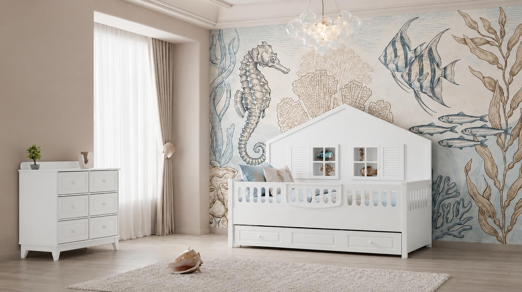 Weißes Kinderzimmer-Set mit Hausbett und Kommode für stilvolles