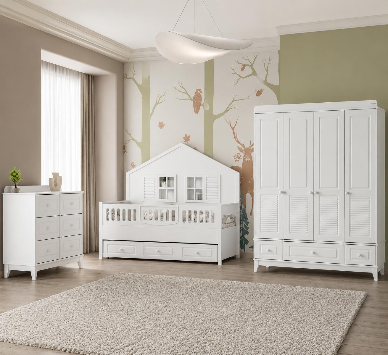 Weißes Kinderzimmer Set mit Kinderbett Kleiderschrank und Kommode