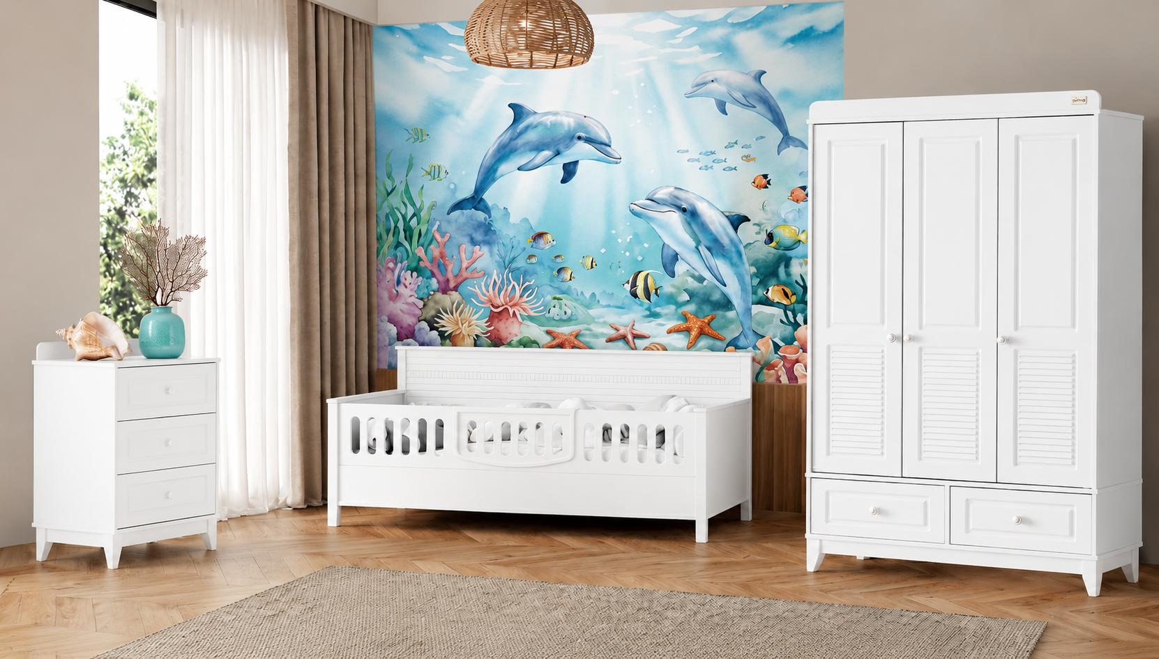Weißes Kinderzimmer-Komplettset mit Bett Kleiderschrank und Kommode