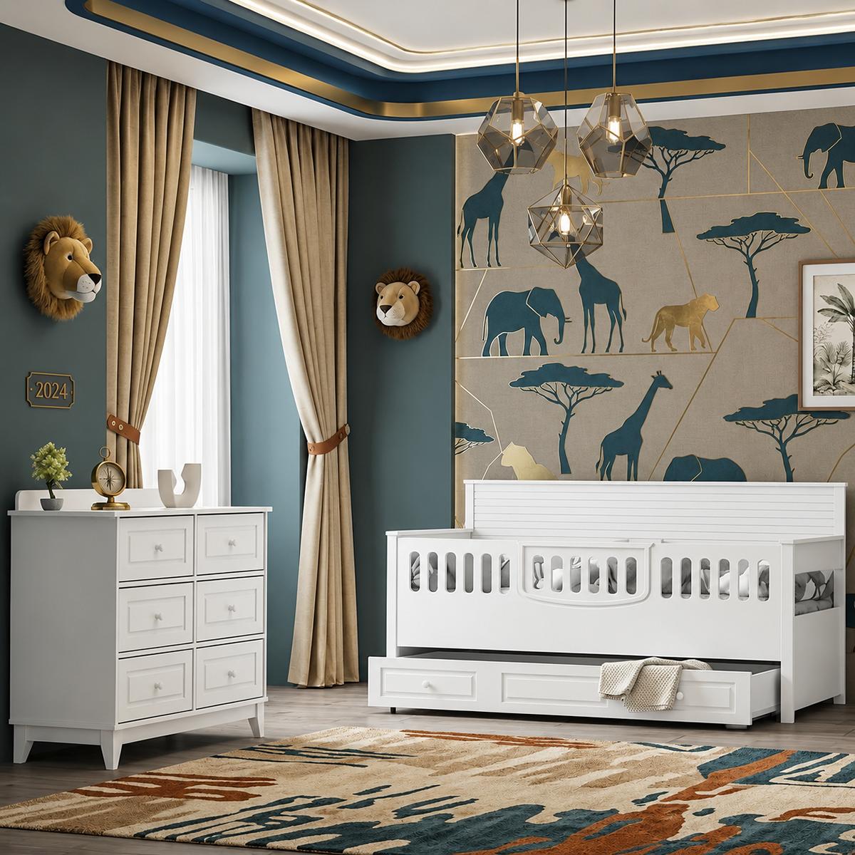 Modernes Kinderzimmer-Set mit Bett und Kommode in klassischem Weiß
