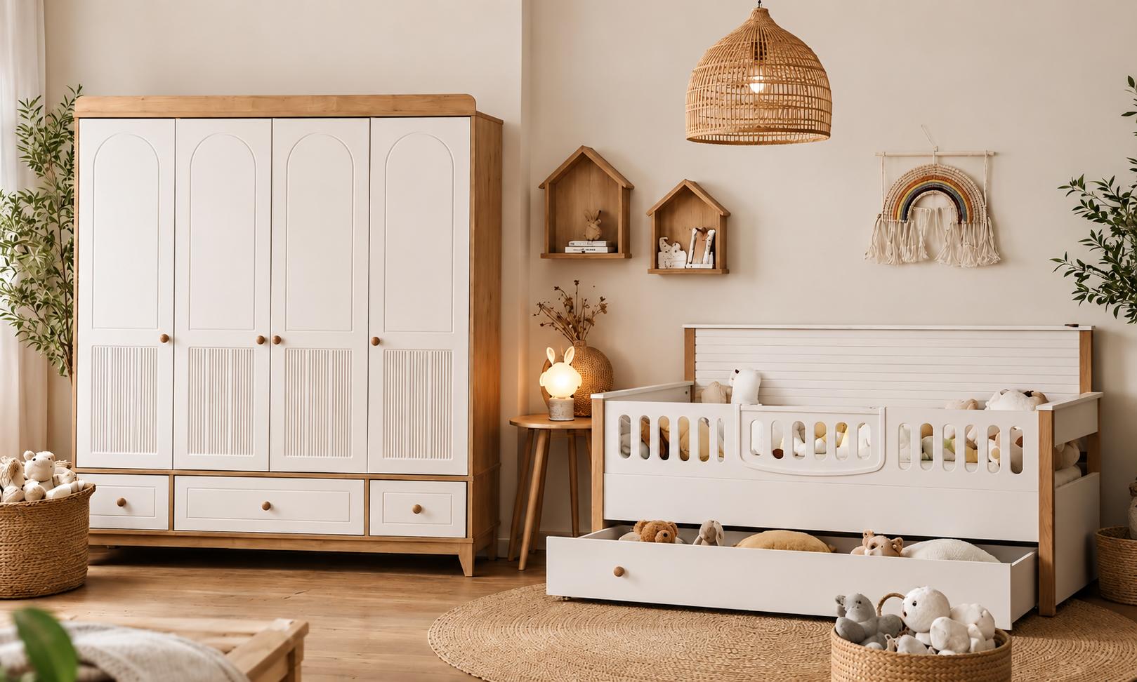 Modernes Kinderzimmer Möbelset Beige Eiche Bett & Kleiderschrank