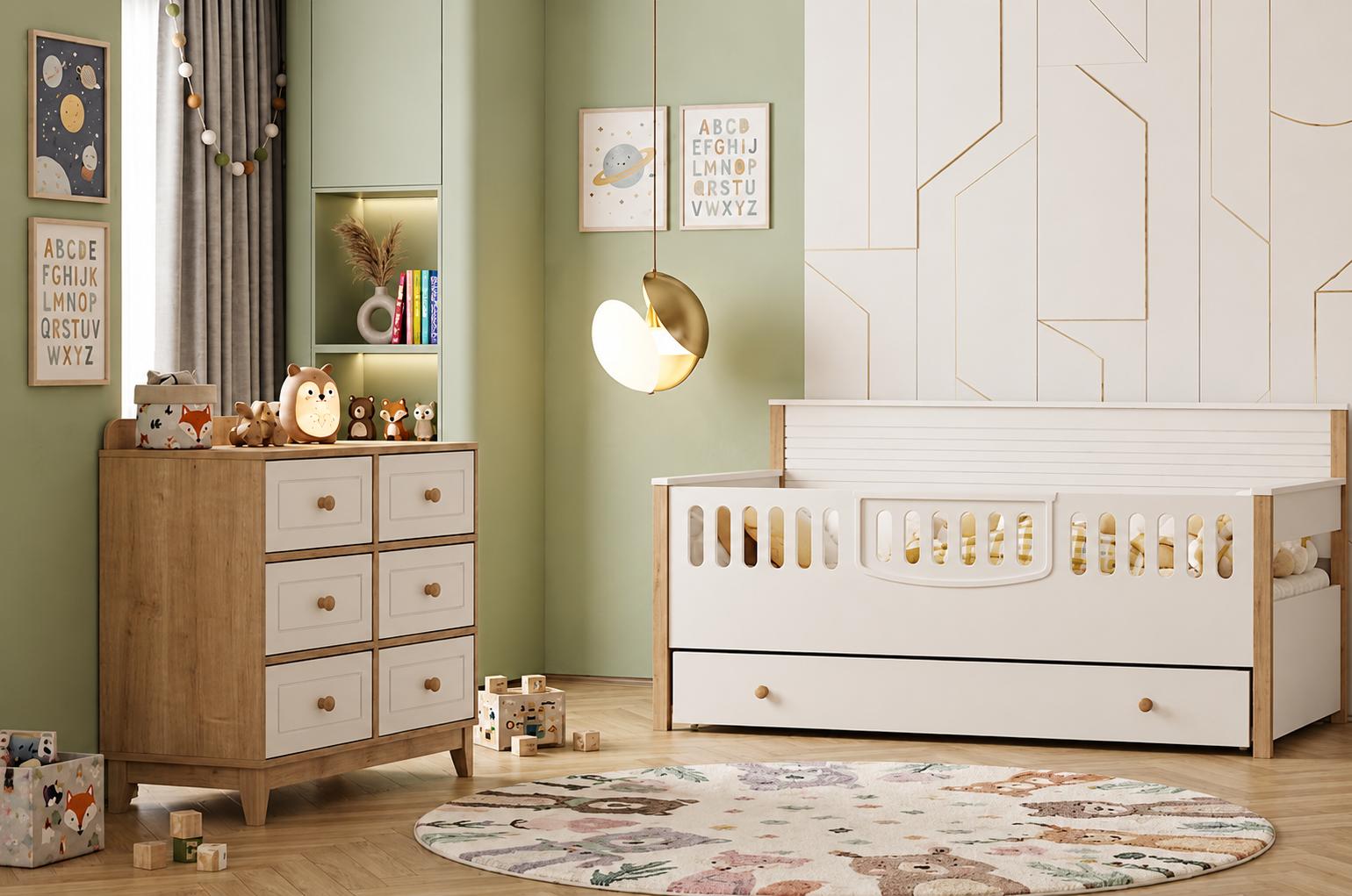 Modernes Kinderzimmer Möbelset Beige Eiche mit Bett und Kommode