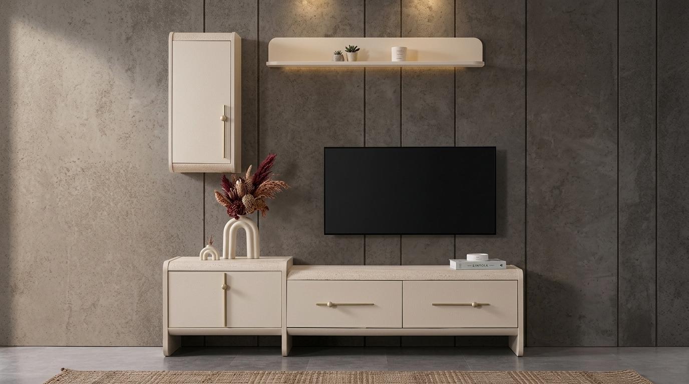 Wohnwand Möbel Einrichtung Regal Wohnzimmer Stil modern Farbe beige