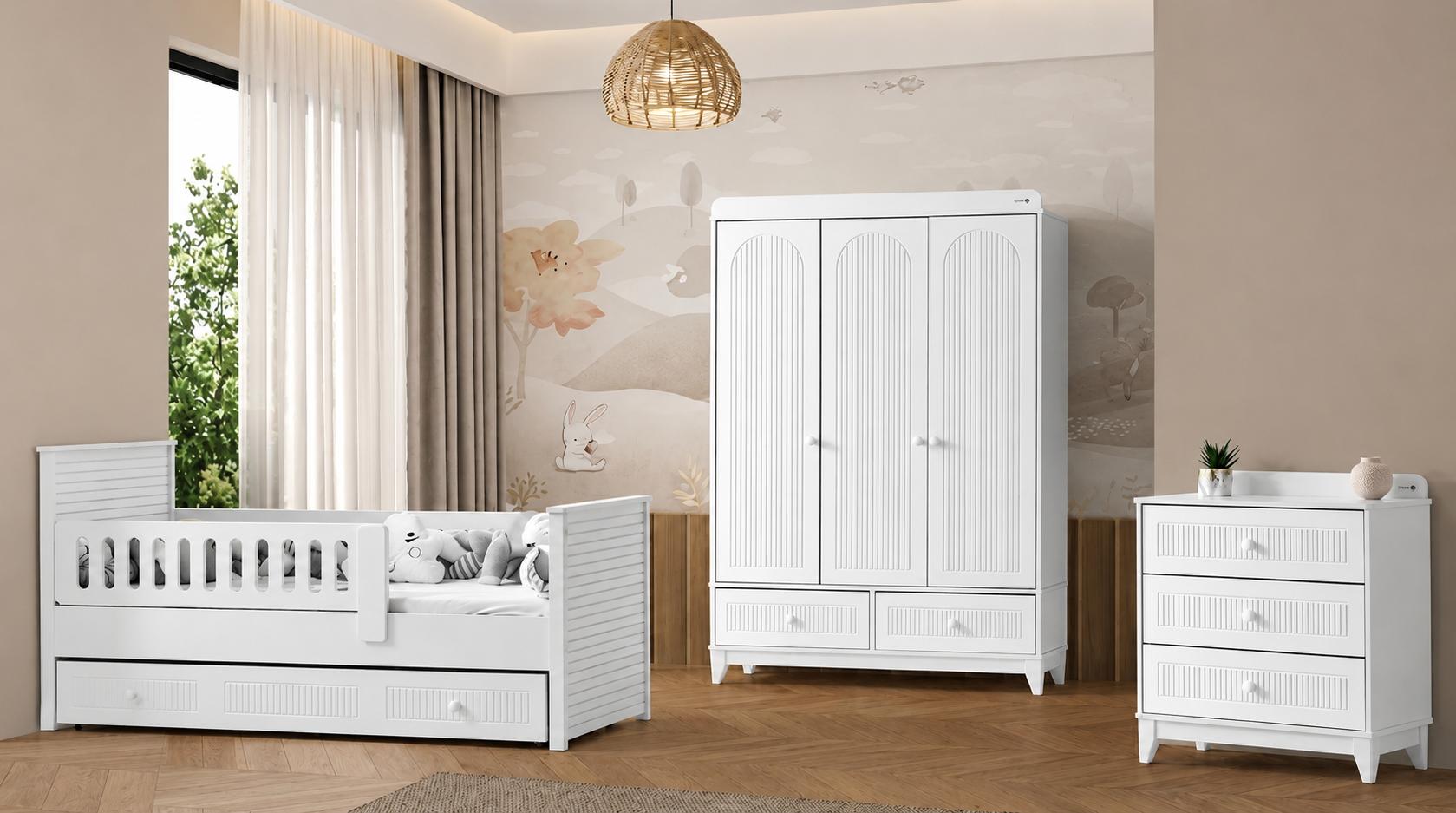 Weißes Kinderzimmer-Set mit Kinderbett Kleiderschrank & Kommode