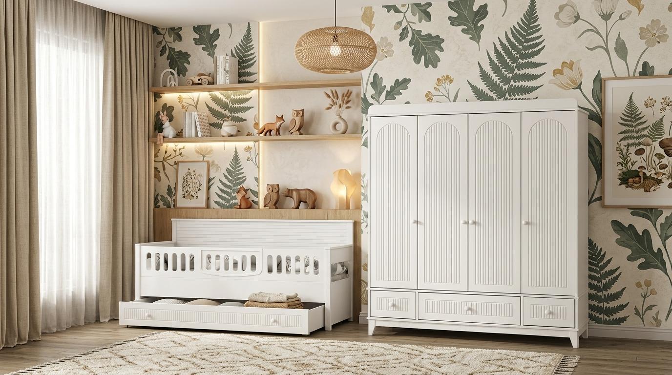Weißes Kinderzimmer-Set mit Kinderbett und geräumigem Kleiderschrank