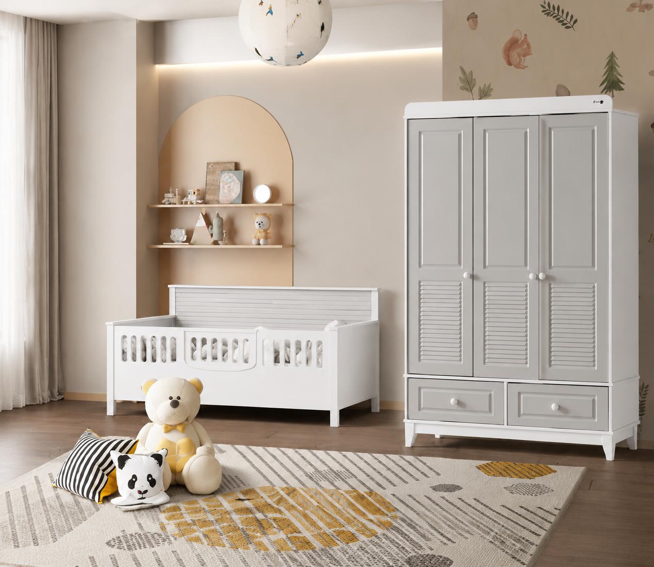 Skandinavisches Kinderzimmer-Set: Kinderbett & Kleiderschrank in Weiß