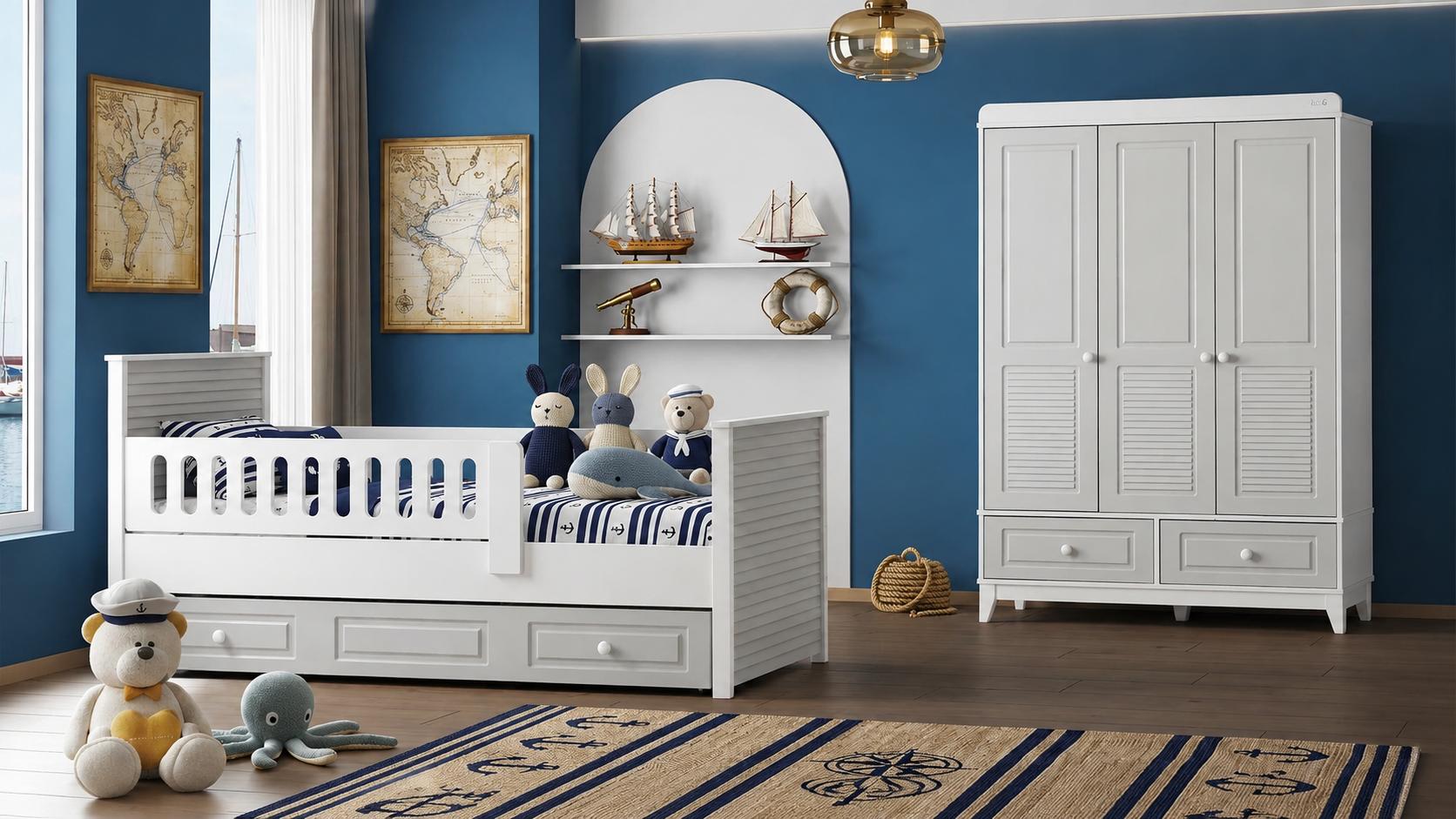 Modernes Kinderzimmer Set: Kinderbett & Kleiderschrank in Grau-Weiß