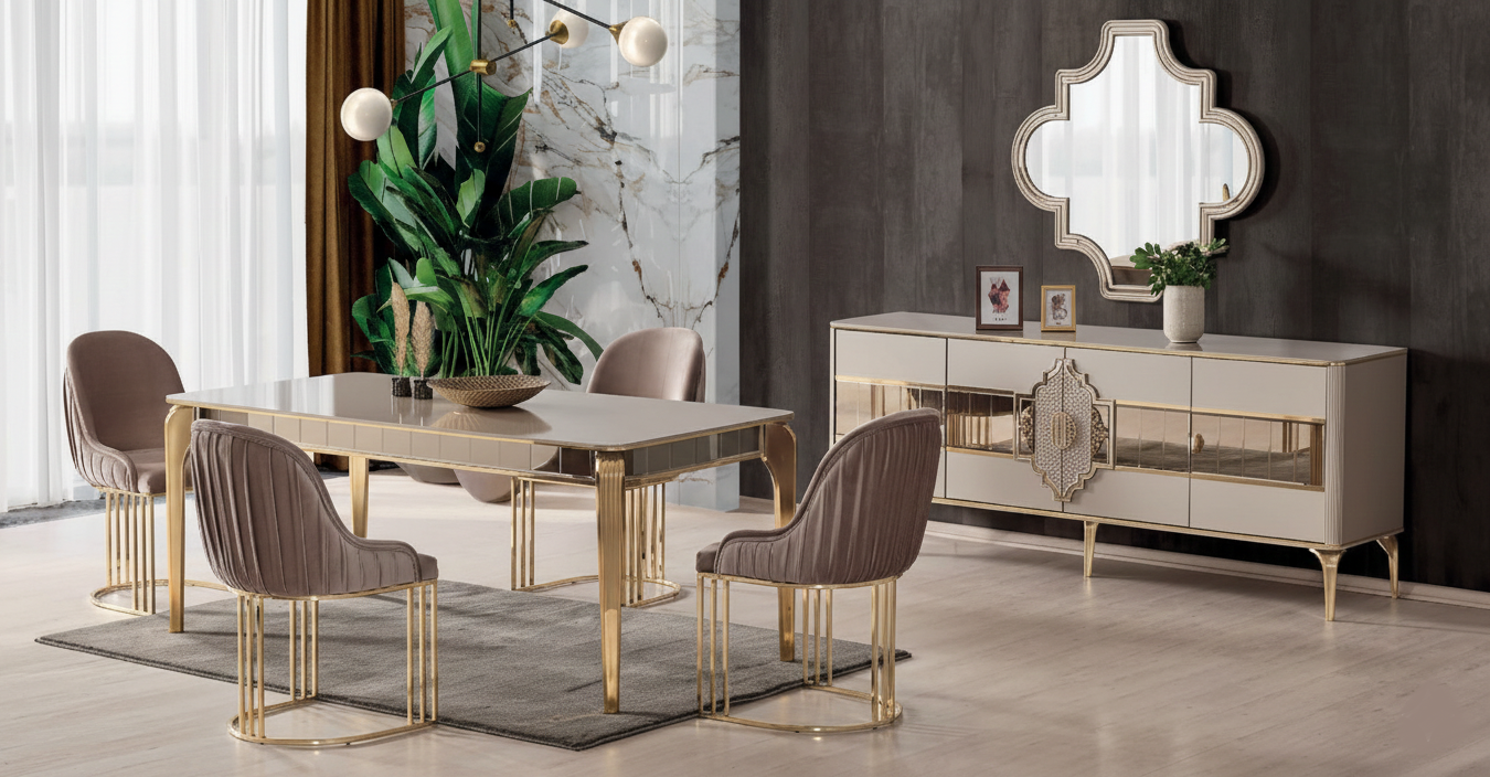 Elegantes 6-teiliges Esszimmer-Set: Tisch, 4 Stühle Sideboard + Spiegel