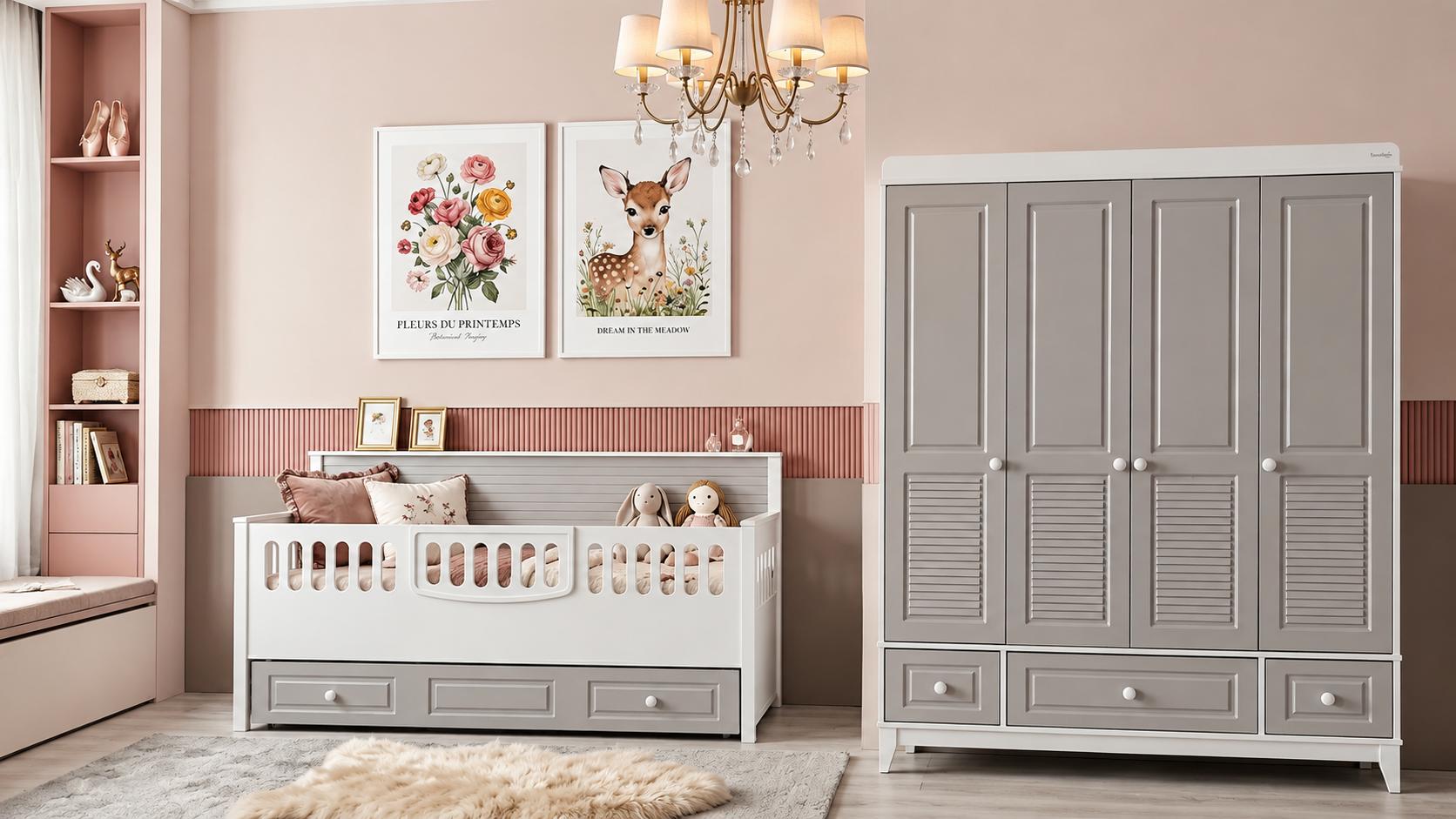 Praktisches Kinderzimmer-Set mit Kinderbett und Kleiderschrank