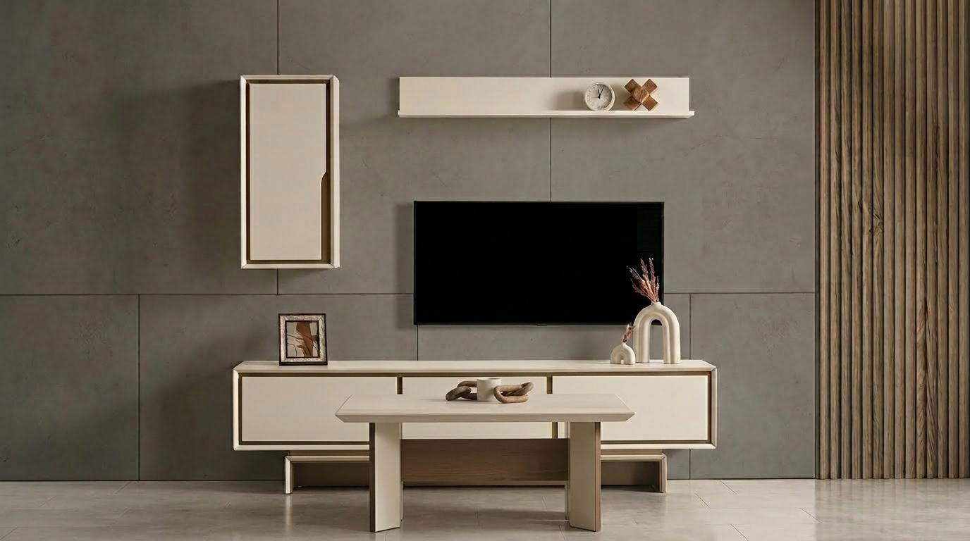 Wohnwand Schrank Sideboard Oberes Regal Stil modern Farbe beige