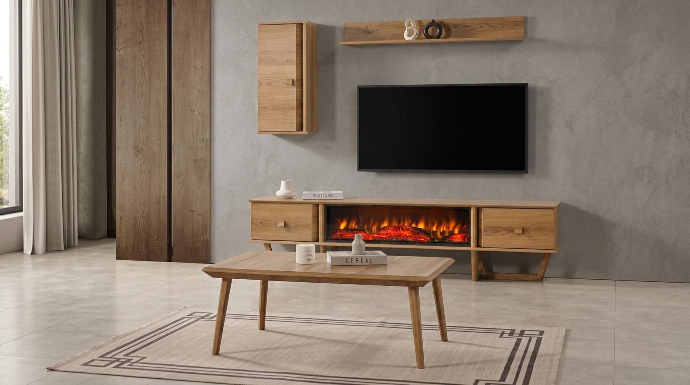 Deko Kamin Sideboard  Regal Stil modern Farbe braun Wohnwand