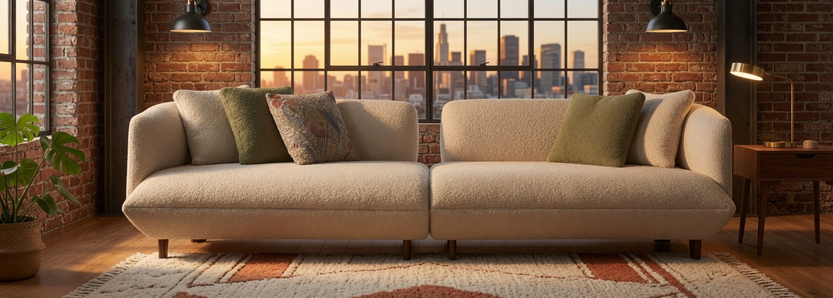 Breites Sofa Bouclé Beige Grüne Kissen Holzbeine Modern