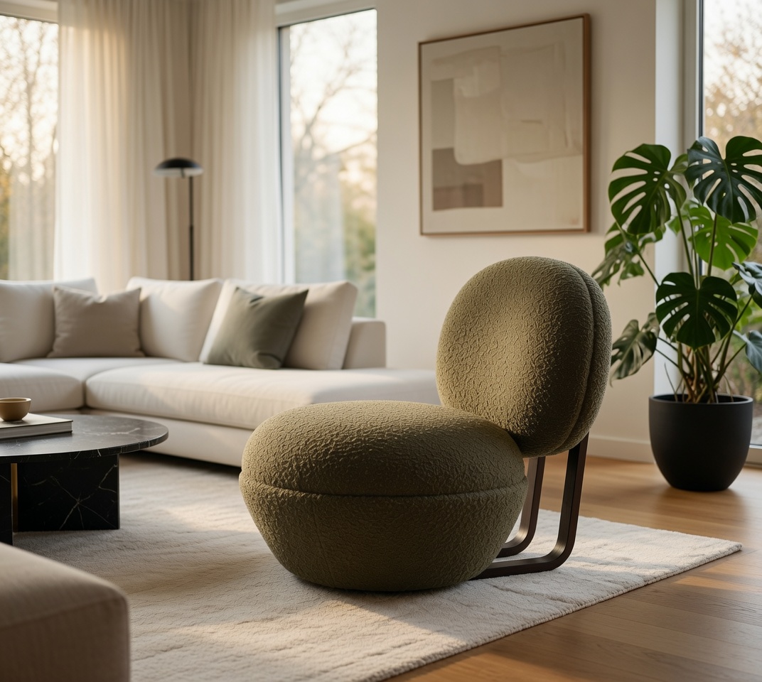 Designer Sessel Bouclé Grün Rundform Dunkles Gestell