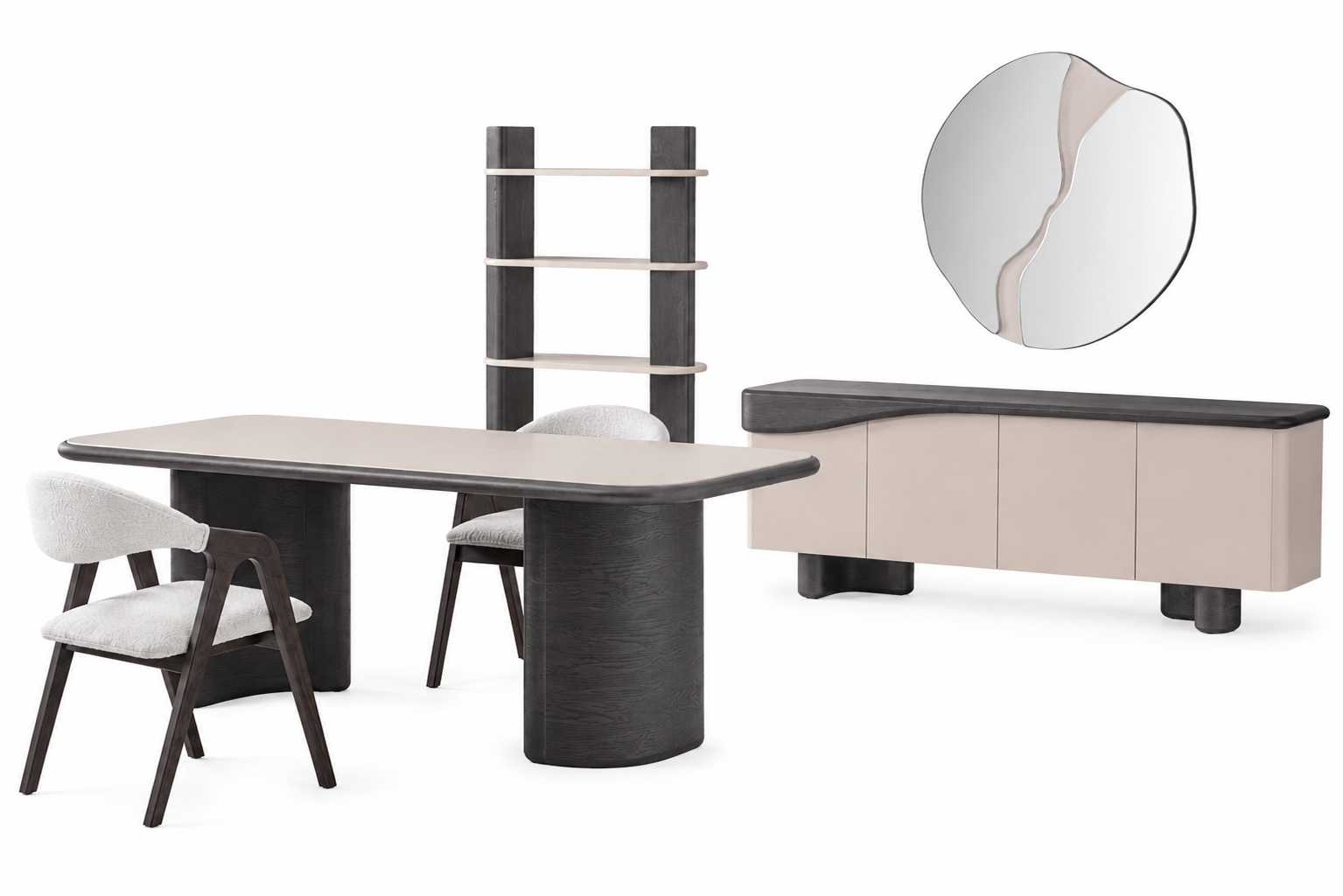 Esstisch mit 2x Stühle Esszimmer Set Designer Komplettes Sideboard mit Spiegel