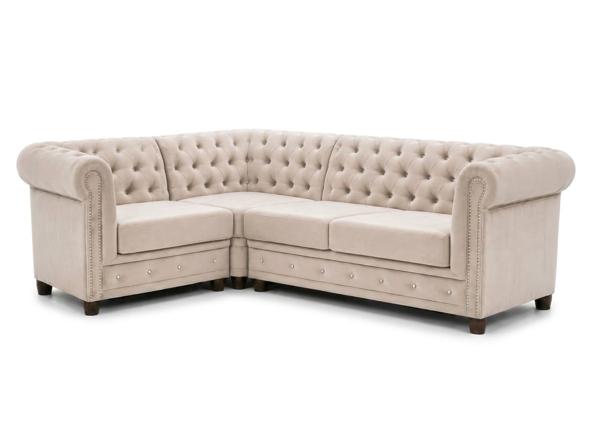 Beiges L-förmiges Ecksofa Stoffsofa Gestepptes Sofa Chesterfield Wohnzimmer