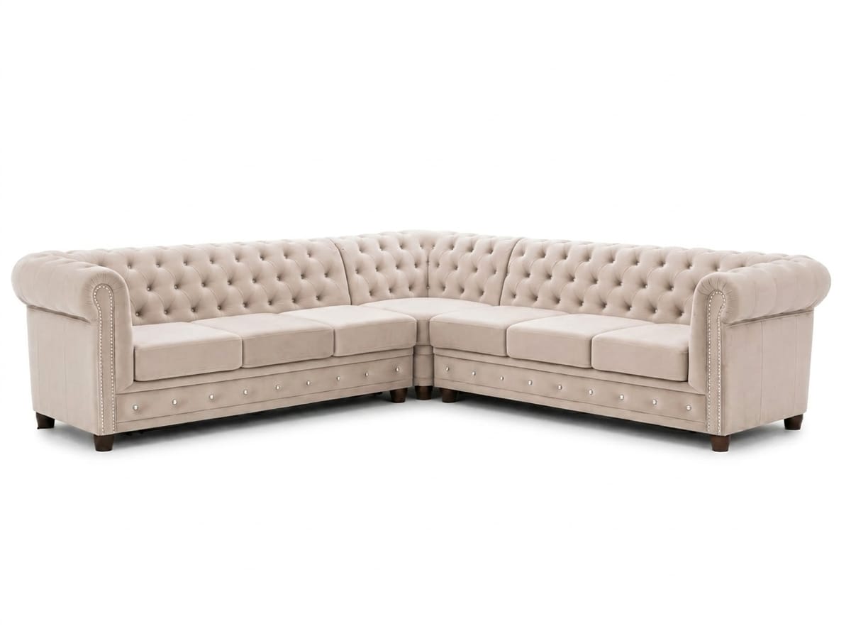 Klassisches beiges L-förmiges Ecksofa Stoffsofa Chesterfield Polstermöbel