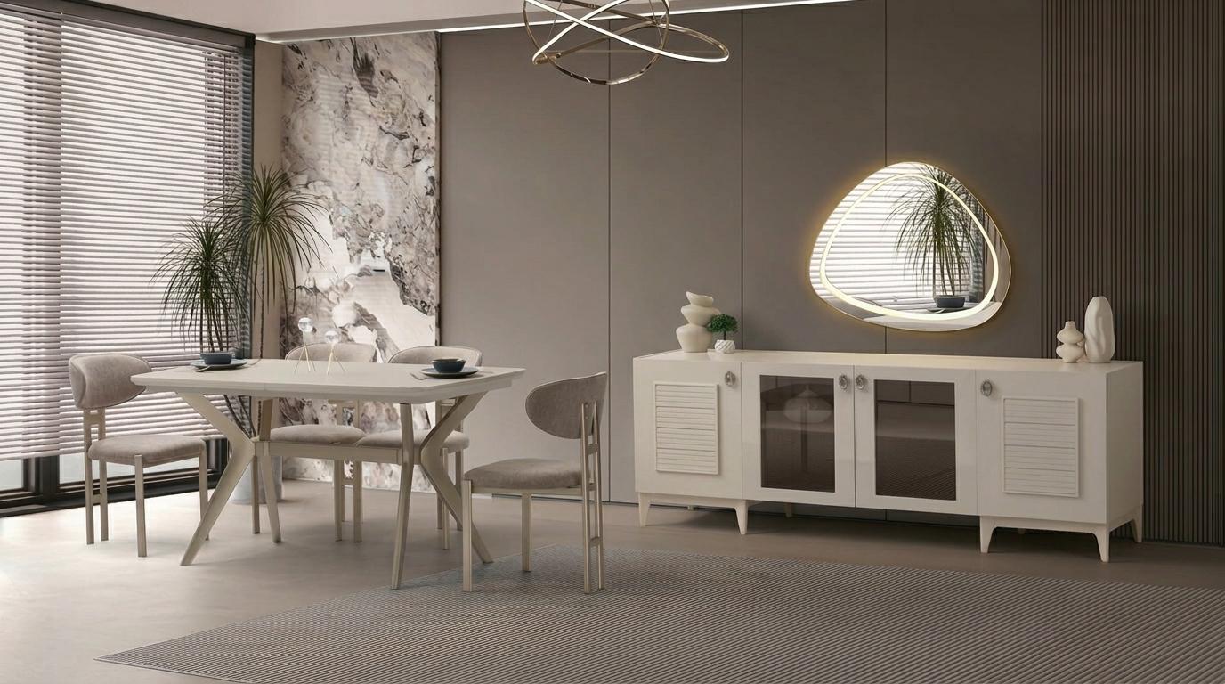 Esszimmer Set Esstisch 4x Stühle Spiegel Sideboard Beige Bequem