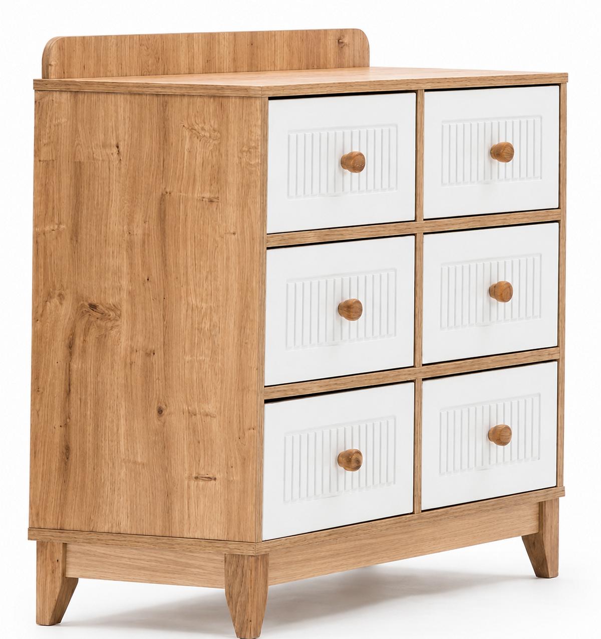 Elegante Kommode Naturholz Weiß mit sechs geräumigen Schubladen