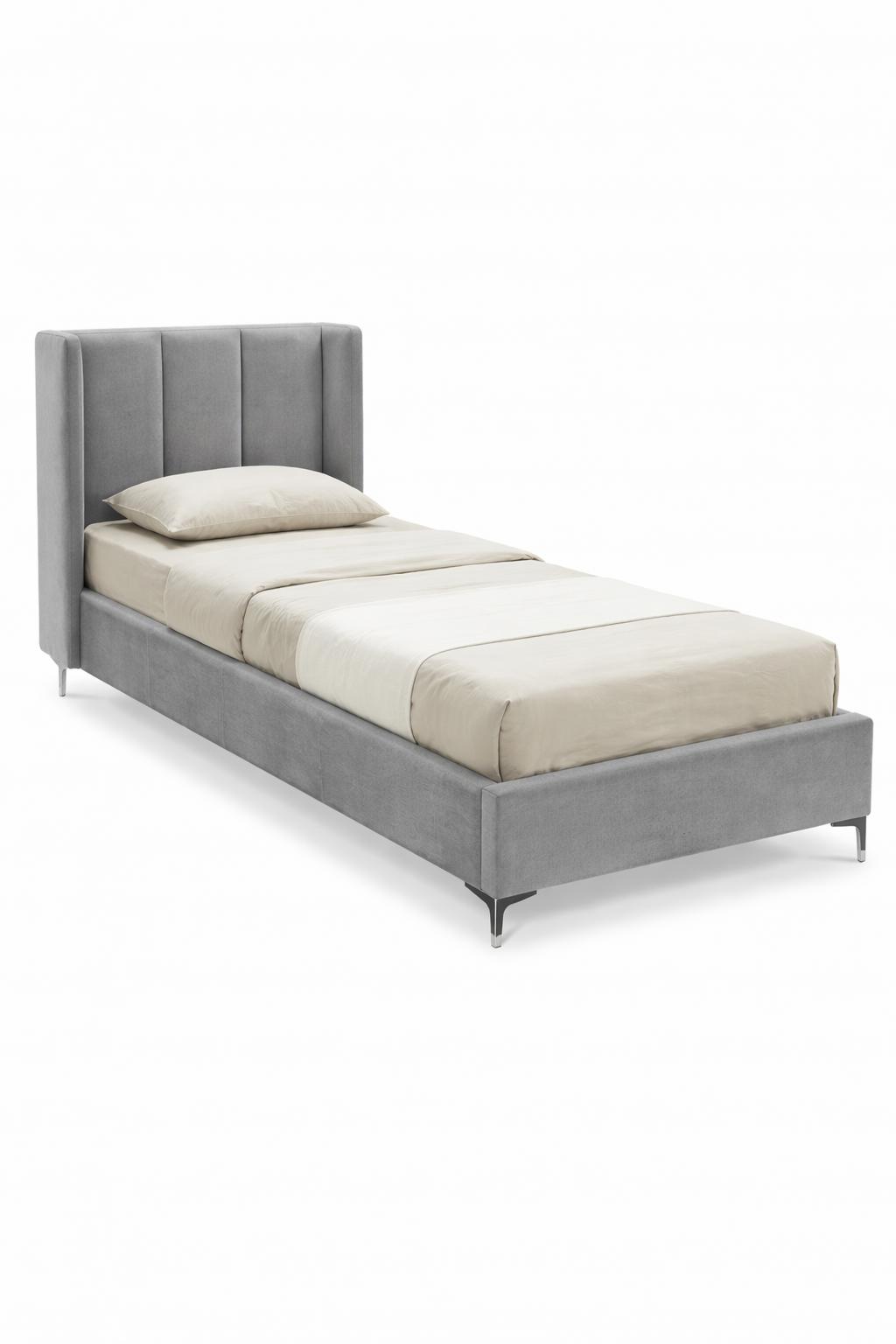 Graues Einzelbett 90 x 200 cm Bettgestell aus Holz Bezug aus Stoff