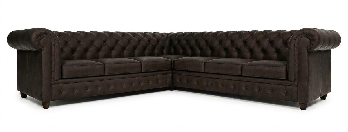 Großes dunkelbraunes Ecksofa in L-Form Chesterfield Klassisches gestepptes