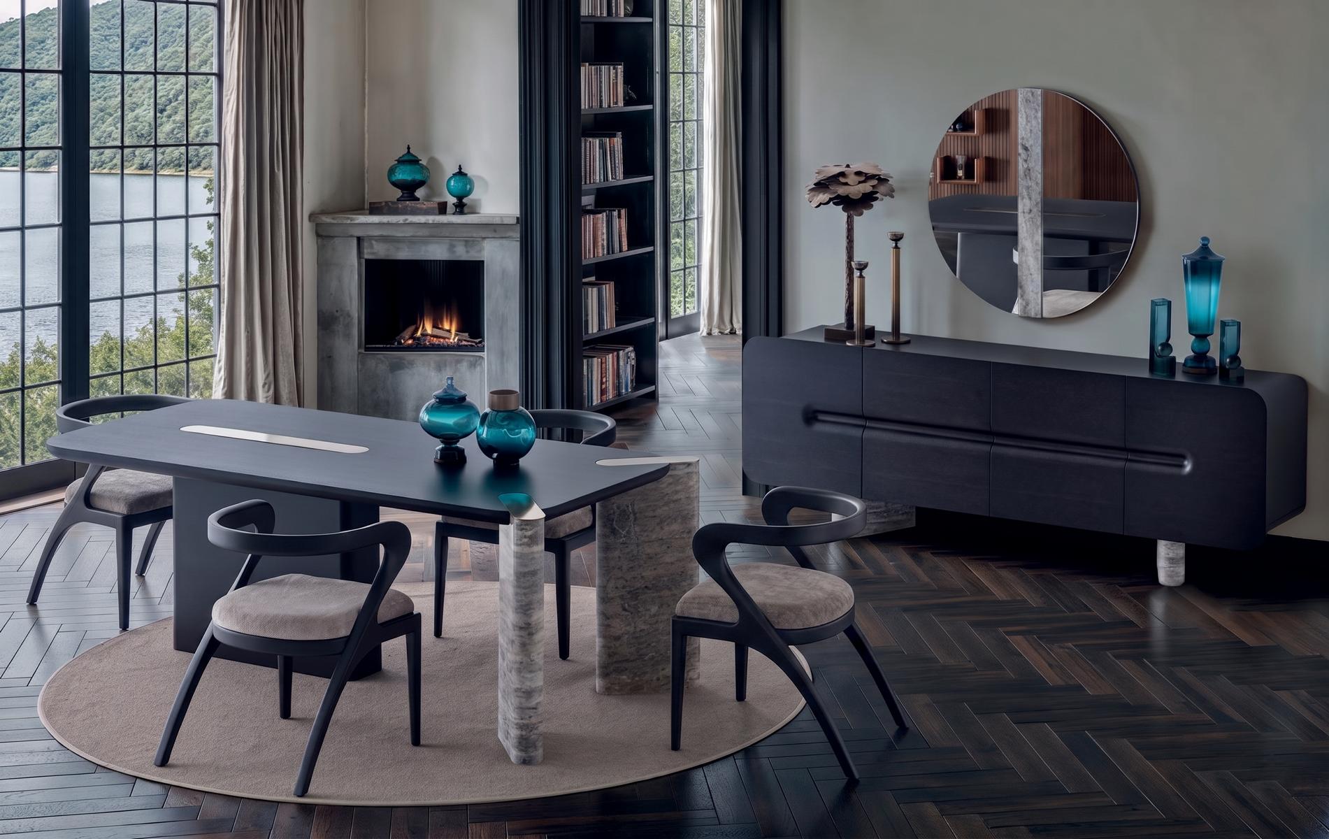Essgruppe Tisch 4 Stühle Sideboard Spiegel Schwarz Luxus Design