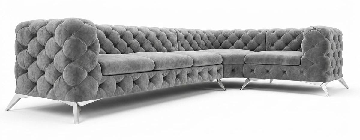 Graues L-förmiges Ecksofa großes gestepptes Sofa mit Metallfüßen Chesterfield