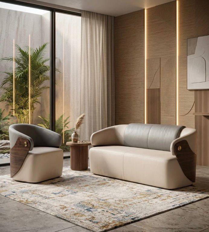 Grau-Beige Wohnzimmer Couchgarnitur 3-Sitzer Polstersessel 2tlg