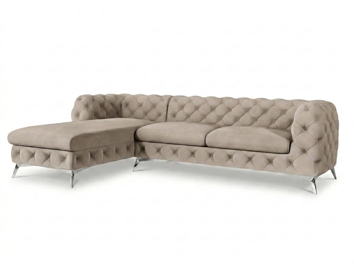 Beiges klassisches L-förmiges Ecksofa Chesterfield gestepptes Sofa