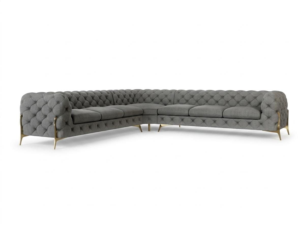 Großes graues L-förmiges Ecksofa goldene Füße gestepptes Sofa Chesterfield