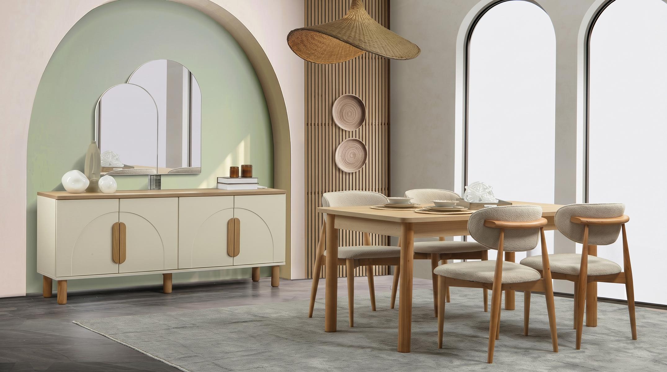 Esszimmer Set Esstisch Stühle(4x) Kommode Spiegel Beige Holz Modern