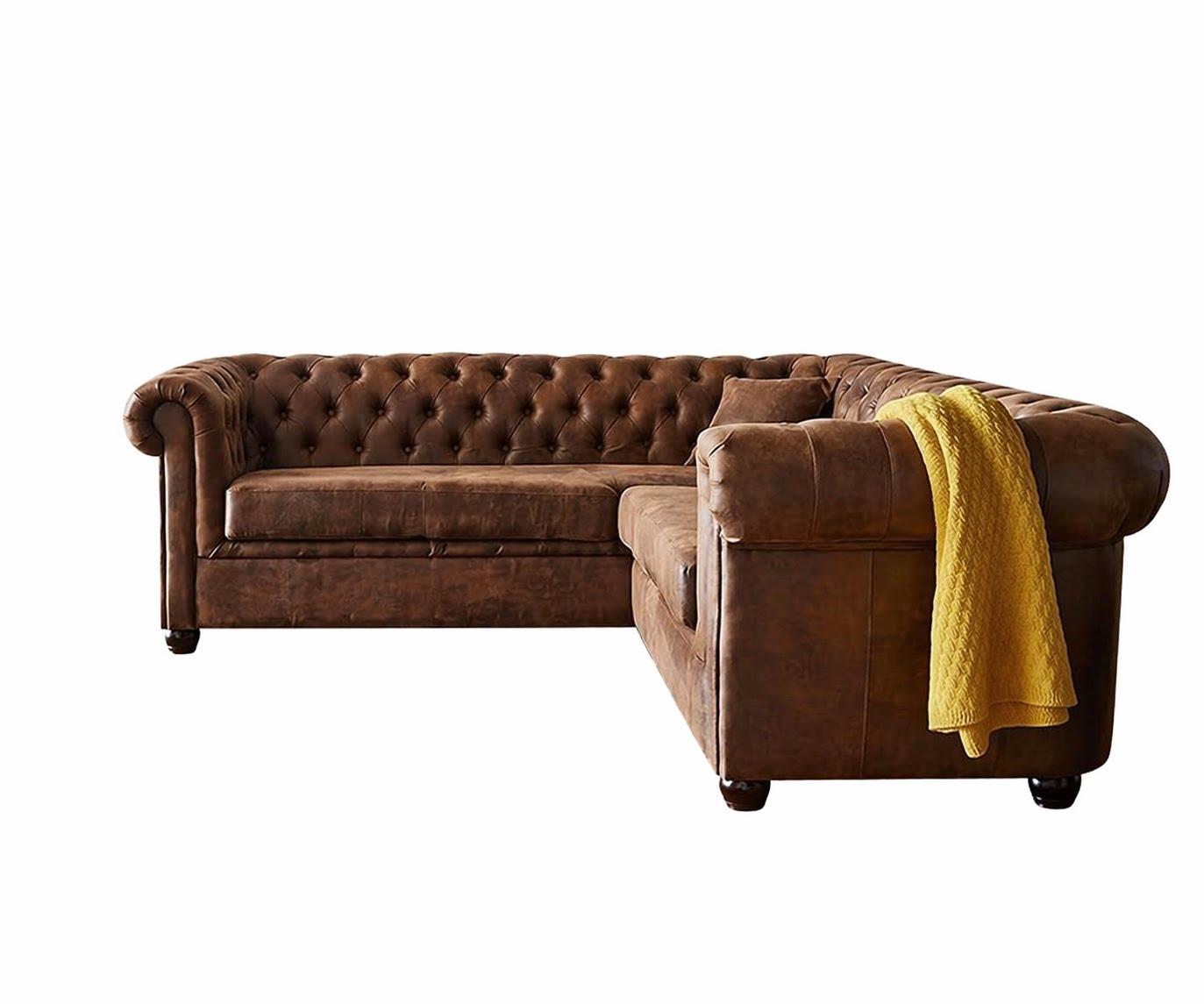 Braunes L-förmiges Ecksofa Gestepptes Ledersofa Chesterfield Wohnzimmermöbel