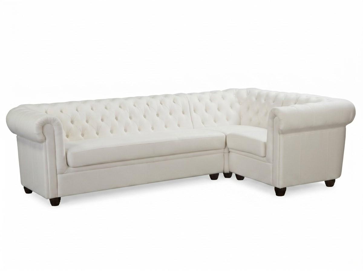 Weißes L-förmiges Ecksofa Gestepptes Ledersofa mit Holzbeinen Chesterfield