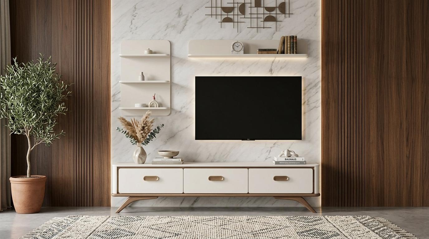 TV Board Wandschrank Wandregal Stil modern weiß Wohnzimmer praktisch
