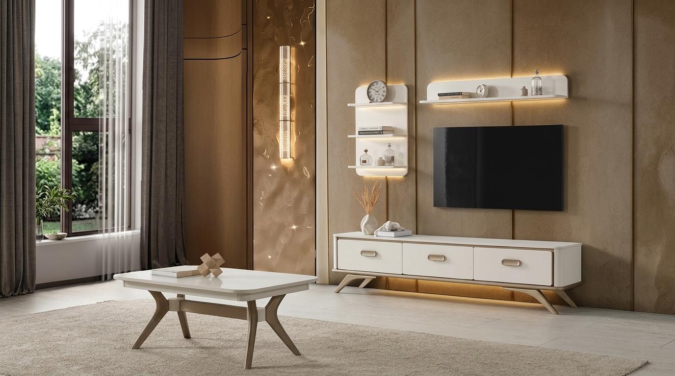Tisch TV board Wandschrank Wandregal Stil modern weiß rechteckig bequem