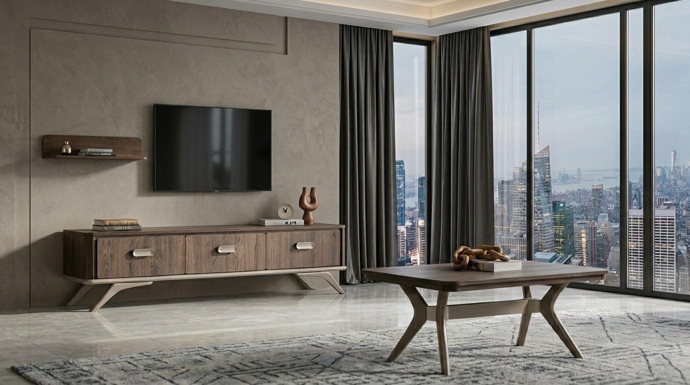 Tisch TV board Wandregal Stil modern braun Wohnzimmer rechteckig bequem