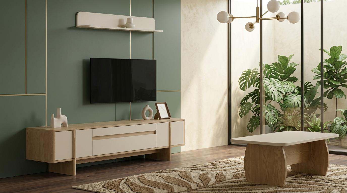Tisch TV board Wandregal Stil modern beige Wohnzimmer rechteckig bequem