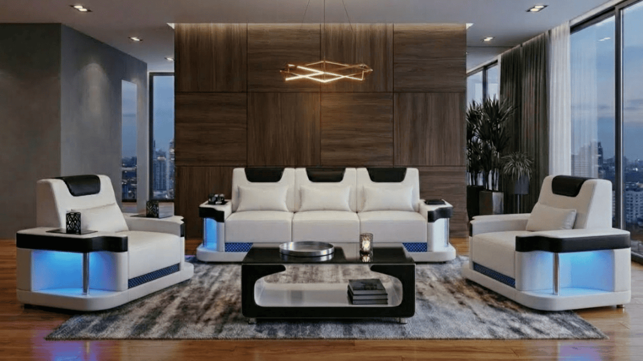 Sofa Set 3+1+1 Modern Weiß Schwarz Premium LED Couchtisch Komfort