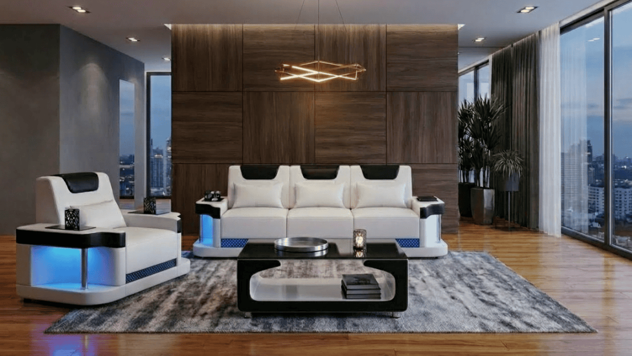 Sofa Set 3+1 Modern Weiß Schwarz Premium LED Luxus Komfort Elegant