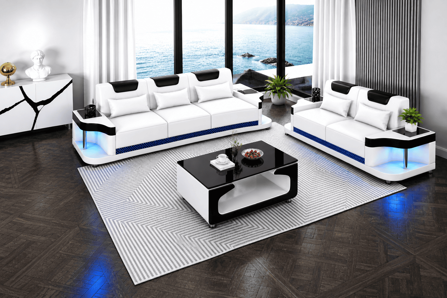 Sofa Set 3+2 Modern Weiß Schwarz Premium LED Luxus Komfort Elegant